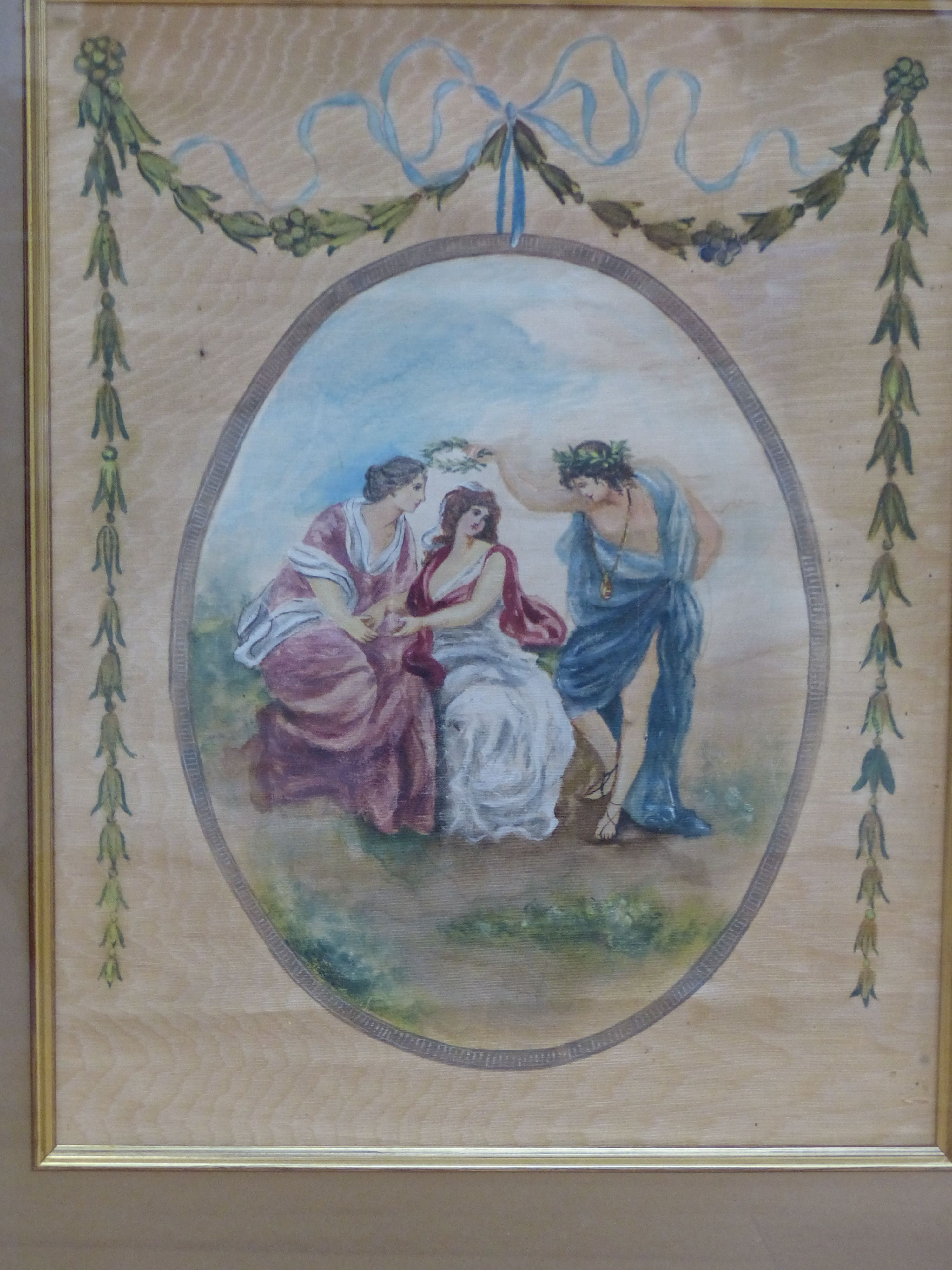 A set of three Edwardian painted silk panels depicting classical muses, 35 x 27cm